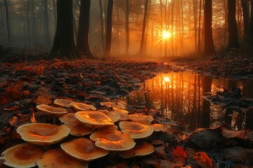 Aufkleber - Golden hour sunset in a misty forest, illuminating a cluster of mushrooms near a puddle.