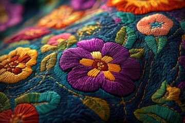 Aufkleber - Intricate floral embroidery on dark fabric, showcasing vibrant colors and detailed stitching.