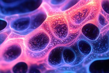 Fototapete - Abstract close-up of a vibrant, bioluminescent network with interconnected nodes, resembling cellular structures.
