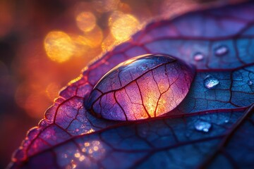 Poster - A dewdrop on a vibrant leaf, illuminated from beneath, showcasing intricate leaf veins and bokeh background.
