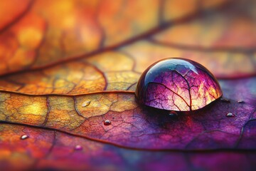 Poster - A water droplet rests on an autumn leaf, reflecting vibrant colors and intricate leaf veins.