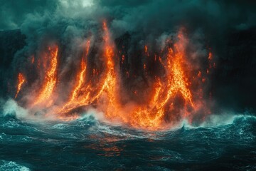 Poster - Fiery lava flows dramatically into the turbulent ocean, creating a breathtaking spectacle of nature's raw power.