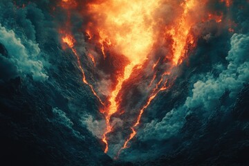 Aufkleber - Molten lava flows down a volcanic chasm, creating a dramatic, fiery spectacle amidst dark, smoky clouds.