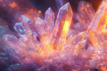 Leinwandbilder - Glowing cluster of quartz crystals, exhibiting vibrant orange and purple hues, a mesmerizing sight of nature's artistry.