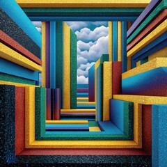 Poster - Glittering Abstract Cityscape Colorful Geometric Shapes and 3D Illusion