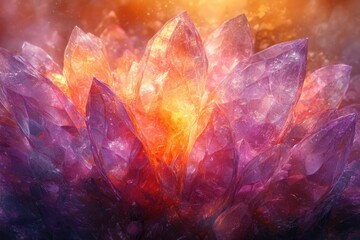 Poster - Glowing cluster of amethyst and orange crystals, radiant and vibrant, a mesmerizing display of nature's artistry.