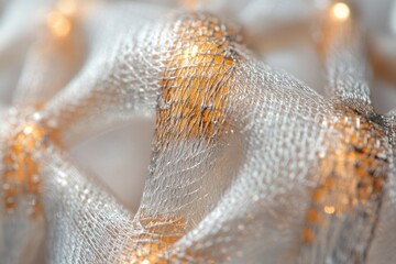 Fototapete - Close-up of intricate woven mesh with warm light bulbs creating a textured, luminous pattern.