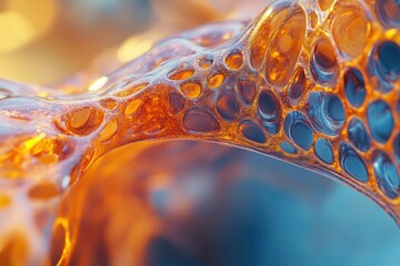 Poster - Abstract close-up of a vibrant orange, porous, organic-like structure, resembling a network of interconnected cells or bubbles.