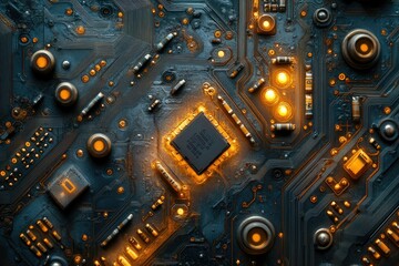 Poster - Close-up of a futuristic circuit board with glowing components, showcasing intricate technological design.