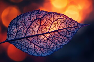 Poster - A translucent leaf, backlit by a warm sunset, reveals intricate vein patterns, a delicate beauty of nature.