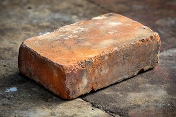 Poster - A weathered, orange-brown brick rests on a dark, textured surface. Shows signs of age and wear.