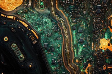 Poster - Close-up view of a circuit board's intricate design, showcasing its complex electronic components and pathways.