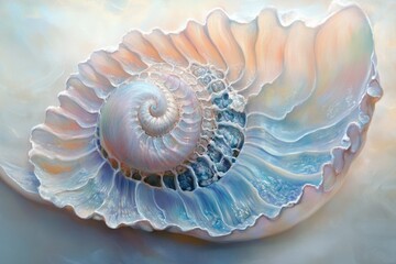 Poster - A mesmerizing iridescent seashell, its intricate spiral and delicate layers showcasing nature's artistry.