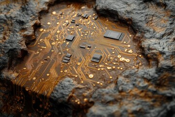 Poster - A circuit board, embedded in rock, symbolizes the resource extraction required for technological advancement.