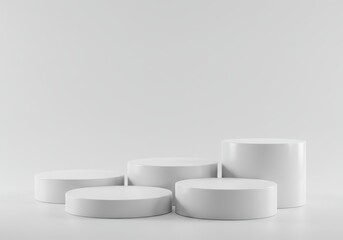 Poster - Minimalist arrangement of five white cylindrical platforms in varying heights against a plain background