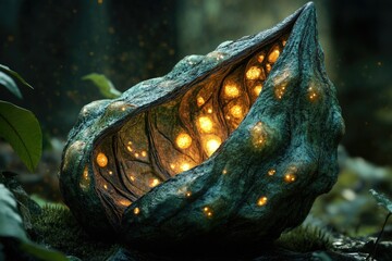 Poster - Glowing bioluminescent organism nestled in a dark forest, emitting soft light.
