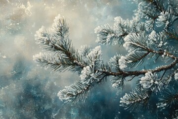 Poster - A frost-covered pine branch against a textured, icy blue background. Winter wonderland.