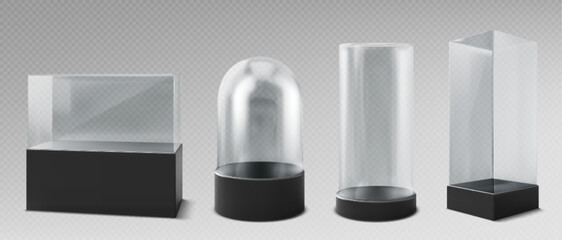 Poster - Glass museum displays set isolated on transparent background. Vector realistic illustration of 3d cube and dome showcase for gallery exhibition, empty store box, plastic stand mockup on black podium
