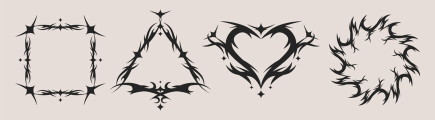Poster - Neo tribal tattoo frames set isolated on background. Vector realistic illustration of gothic square, triangle, heart, circle borders, black ink symbols, grunge streetwear decor, graffiti elements