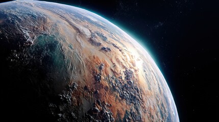 stunning view of a planet's surface from space, showcasing a diverse terrain with earthy tones and a