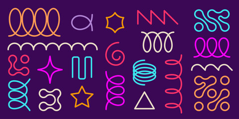 Poster - Neon color spring coil shapes set isolated on background. Vector illustration of thin spiral doodle, oval loop, zigzag line, abstract metaball, flexible coil elements for design, squiggles collection