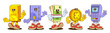© klyaksun - Money retro character set - cheerful gold bar mascot, joyful credit card figure making peace sign, colorful banknotes with smiling face, coin personality flashing victory poses, standing pos terminal.