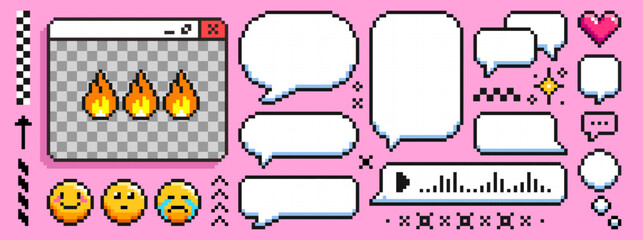 Poster - Pixel speech bubble set - retro 8 bit style chat box shapes and emoticon icons on pink. Square text boxes, round talk bubbles, fire flames, sparkles and hearts. Cute nostalgic 90s interface elements