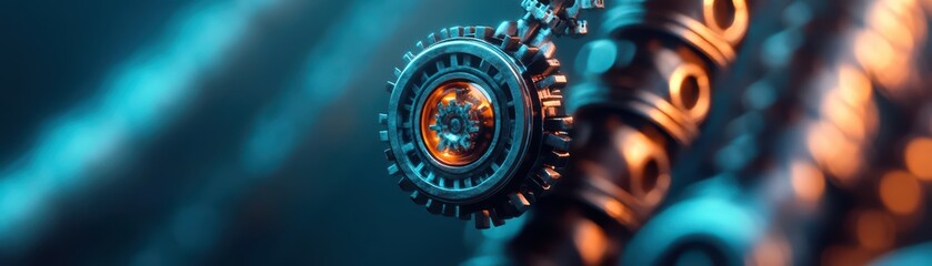 Poster - Intricate Close-up of a Mechanical Gear with Glowing Elements in a Dark Industrial Setting
