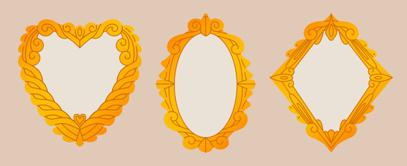 Poster - Antique mirror borders - heart, oval and diamond frames with delicate curls, floral motifs, elaborate scrollwork. Vintage hand looking glass, wall speculum, retro graphic decorative elements.