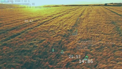 Poster - Foreground wheat field showing green starburst icons, water droplet, wind turbine, CO tile, code