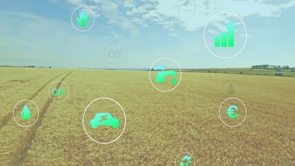 Poster - Designer overlaying agriculture icons on wheat field, illustrating water droplet, CO2, electric car