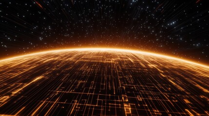 Poster - futuristic landscape of digital grid with bright orange aura against shimmering stars background in 