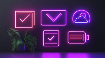 Poster - Neon Icons of Check Marks, Mail, and Battery on Dark Wall with Tropical Plant in Contemporary Setting