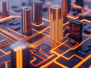 Poster - futuristic cityscape with neon orange light trails and abstract digital connectivity in urban enviro