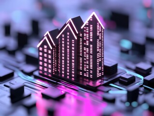 Poster - Futuristic Cityscape with Neon Buildings on Circuit Board Background Representing Technology and Urban Development