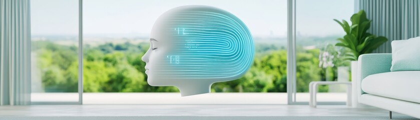 Poster - Futuristic abstract brain illustration with glowing lines on a minimalist interior background and nature view