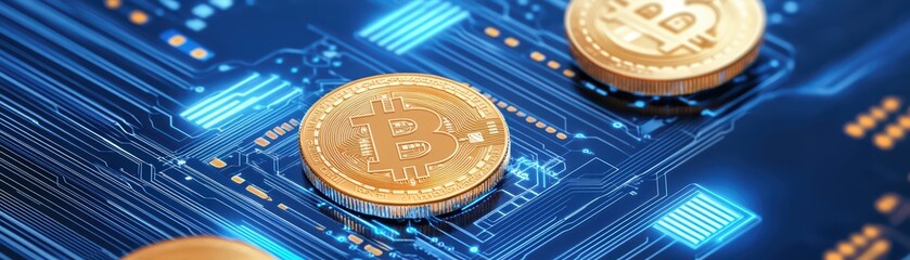 Poster - Golden Cryptocurrency Coins on Circuit Board Background for Digital Finance and Investment Themes