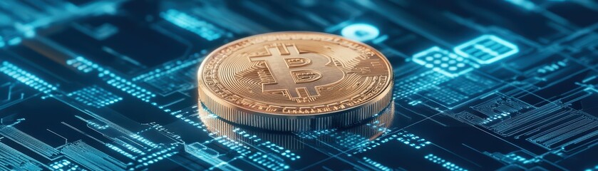 Poster - Golden Bitcoin Coin on Digital Circuit Background Representing Cryptocurrency Technology and Innovation