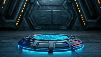 Poster - futuristic technology pod on a dark background with neon lights and sci-fi elements