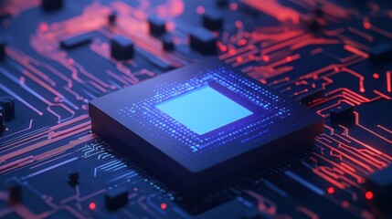Poster - close-up view of a microchip on an abstract circuit board with electric blue and red light effects