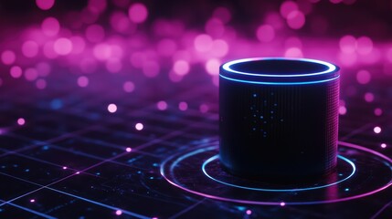 Poster - futuristic smart device surrounded by dynamic neon lights and sparkling bokeh effects in a tech-insp