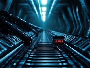 Poster - Futuristic Warehouse with Robotic Arms and Glowing Platform in a Sci-Fi Environment
