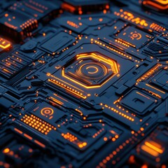 Poster - Abstract circuit board design with glowing orange highlights on dark background for technology themes and visuals