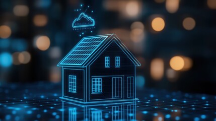 Poster - Digital Illustration of Smart Home Concept with Solar Panels and Cloud Connectivity in an Urban Setting