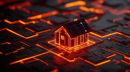 Poster - Futuristic Smart House with Solar Panels Surrounded by Neon Circuit Board Patterns in a Digital Landscape