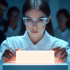Poster - young female scientist conducting research in laboratory with bright light source and focused expres