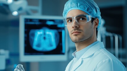 Poster - male medical professional in lab coat and safety glasses viewing chest x-ray image on screen in hosp