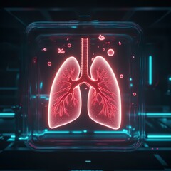 Poster - futuristic neon visualization of lungs with bio-organic elements in a high-tech environment