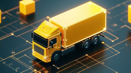 Poster - Futuristic Yellow Truck on Digital Blueprint Background Representing Modern Logistics and Transportation Concepts