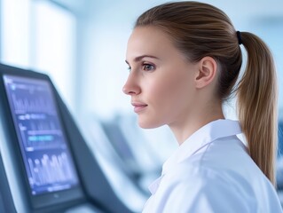 Poster - focused female scientist analyzing data on computer screen in modern laboratory setting